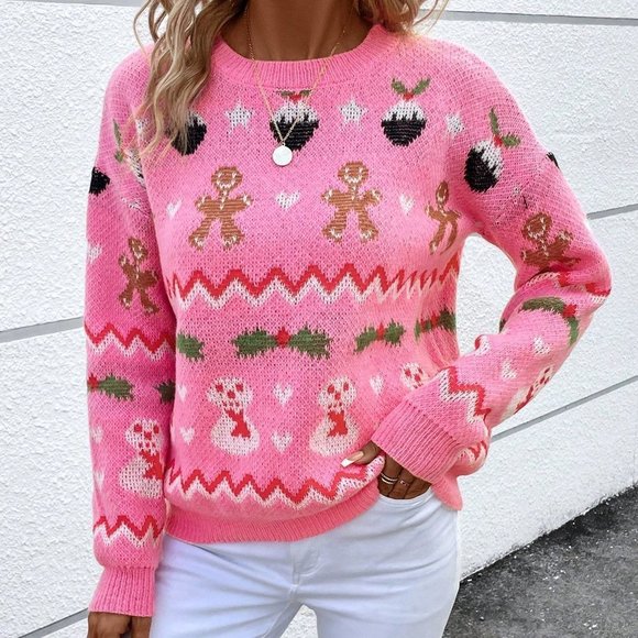 Pink Casual Womens Christmas Pattern Drop Shoulder Sweater - Picture 5 of 5